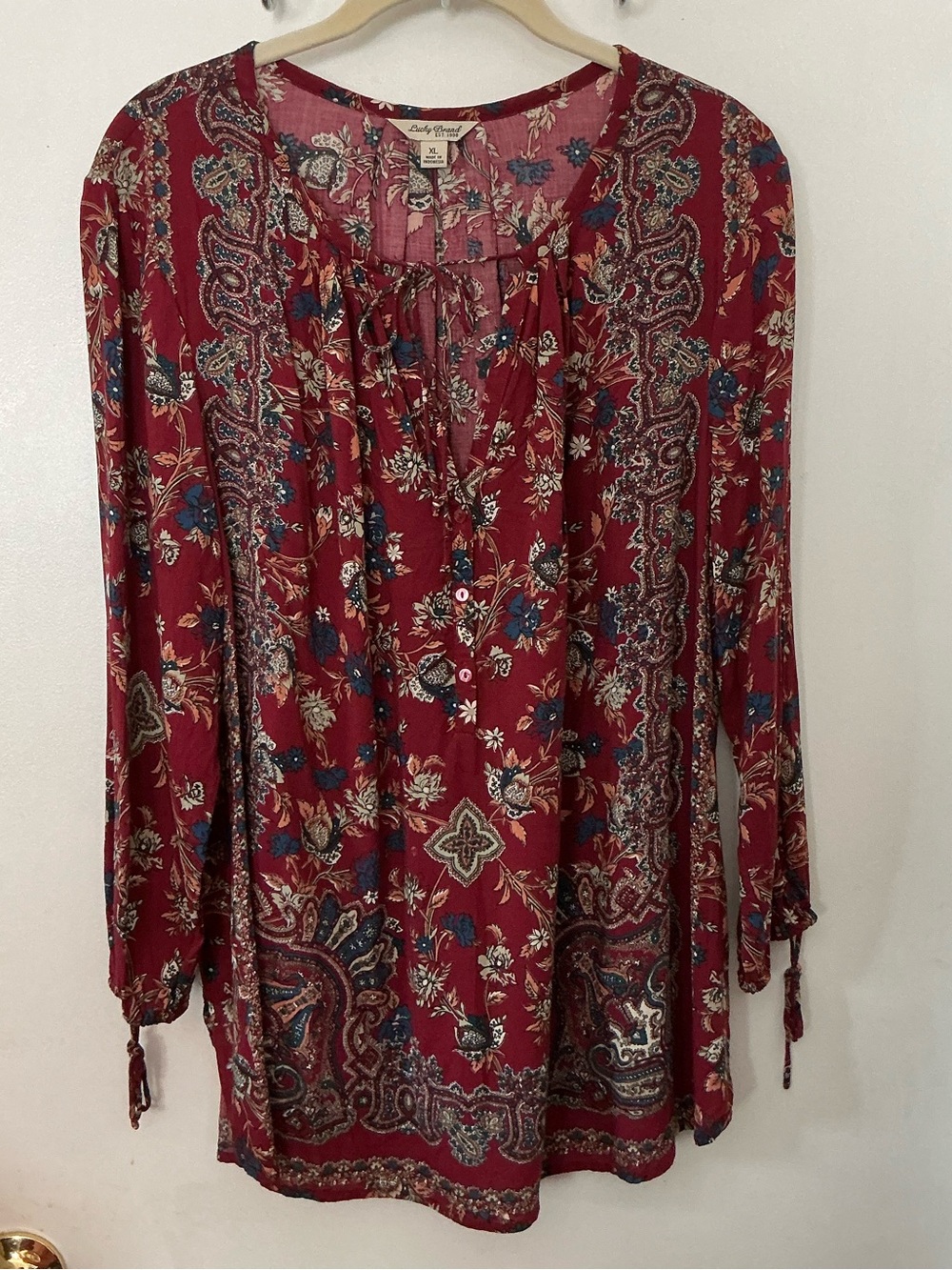Lucky Brand Burgundy Paisley Tie-Neck Blouse